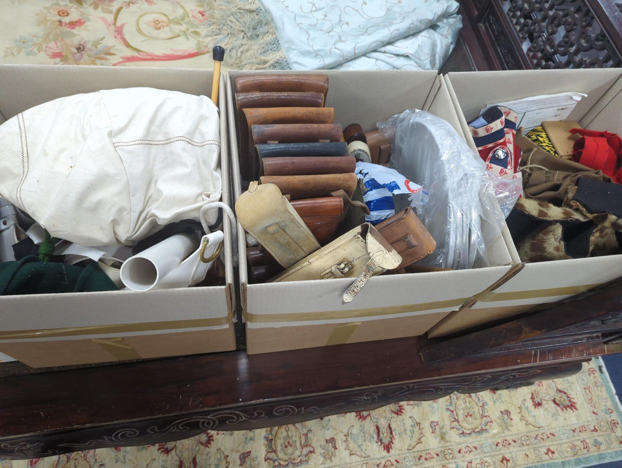 A collection of painted wood drums from Warningham troop, probably ex. military, together with leather straps sheet music pouches, a pre 1947 leopard skin for the bass drum (lined), drum major's jacket and staff, cymbals